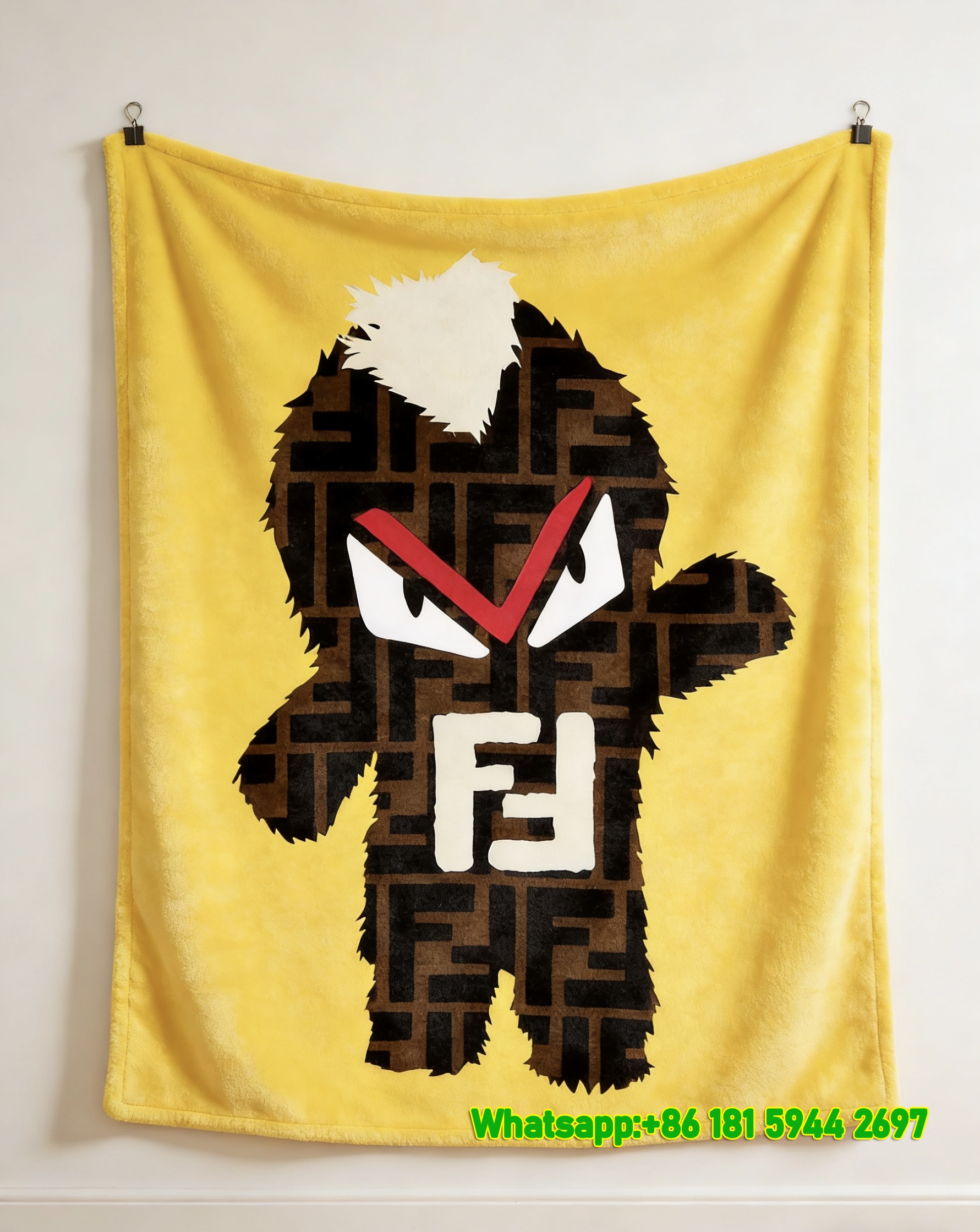 Fendi Yellow Brown FF Monster Character Flannel Throw Blanket IMG_9497